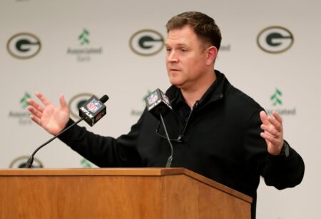 Green Bay Packers General Manager Brian Gutekunst talks to the media about the 2022 NFL Draft on April 25, 2022, at Lambeau Field in Green Bay, Wis. © Sarah Kloepping/USA TODAY NETWORK-Wisconsin / USA TODAY NETWORK