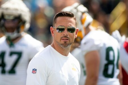 Green Bay Packers head coach Matt LaFleur looks at the sidelines during the Green Bay Packers training camp on Wednesday, July 27, 2022, at Ray Nitschke Field in Ashwaubenon, Wisconsin. Samantha Madar/USA TODAY NETWORK-Wis
