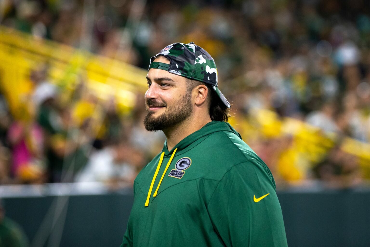 Green Bay Packers tackle David Bakhtiari (69) smiles as fans during Packers Family Night on Friday, Aug. 5, 2022, at Lambeau Field in Green Bay, Wis. Samantha Madar/USA TODAY NETWORK-Wis