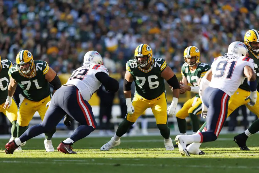 Oct 2, 2022; Green Bay, Wisconsin, USA; Green Bay Packers guard Jon Runyan (76) during the game against the Green New England Patriots at Lambeau Field. Mandatory Credit: Jeff Hanisch-USA TODAY Sports