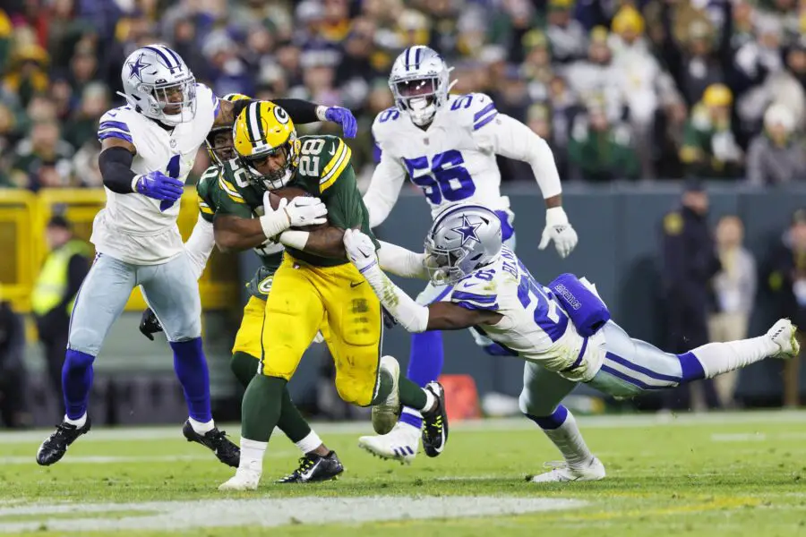 Nov 13, 2022; Green Bay, Wisconsin, USA; Green Bay Packers running back AJ Dillon (28) during the game against the Dallas Cowboys at Lambeau Field. Mandatory Credit: Jeff Hanisch-USA TODAY Sports