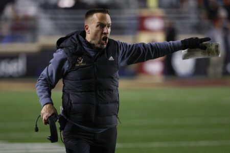 Nov 26, 2022; Chestnut Hill, Massachusetts, USA; Boston College Eagles head coach Jeff Hafley shouts at an official during their game against the Syracuse Orange at Alumni Stadium. Mandatory Credit: Winslow Townson-USA TODAY Sports