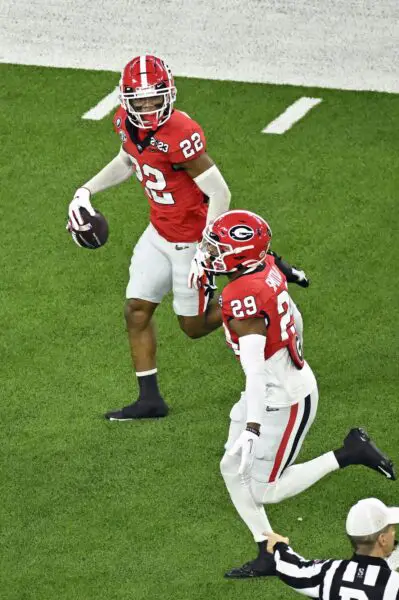 Jan 9, 2023; Inglewood, CA, USA; Georgia Bulldogs defensive back Javon Bullard (22) celebrates after a fumble recovery in the first quarter against the TCU Horned Frogs in the CFP national championship game at SoFi Stadium. Mandatory Credit: Robert Hanashiro-USA TODAY Sports