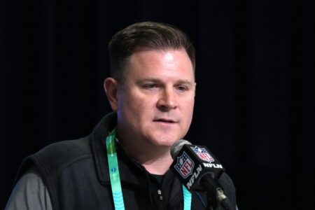 Feb 28, 2023; Indianapolis, IN, USA; Green Bay Packers general manager Brian Gutekunst during the NFL combine at the Indiana Convention Center. Mandatory Credit: Kirby Lee-USA TODAY Sports