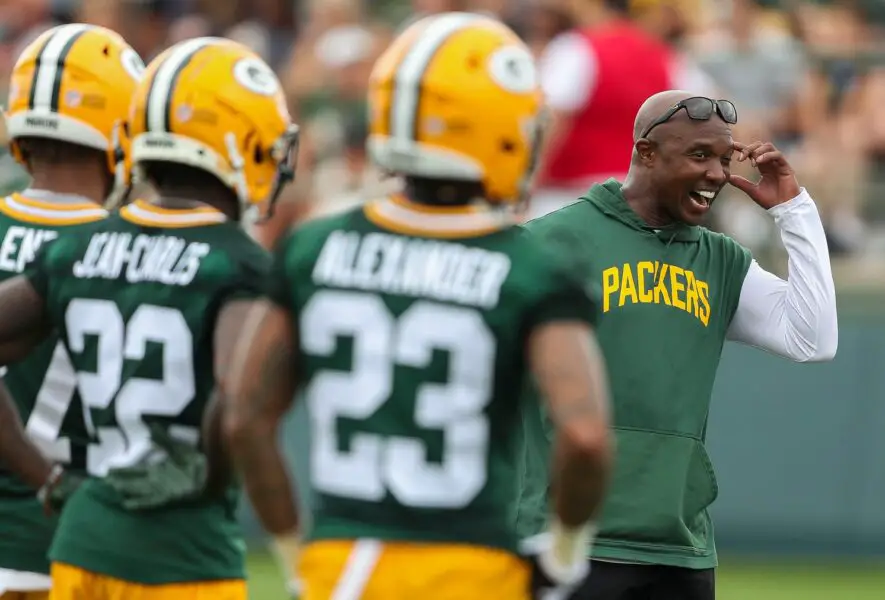 July 26, 2023; Green Bay, WI, USA; Green Bay Packers defensive passing game coordinator Greg Williams gives instructions to the defensive backs before they run through positional drills during the first day of practice at training camp at Ray Nitschke Field. Mandatory credit: Tork Mason USA TODAY NETWORK-Wisconsin