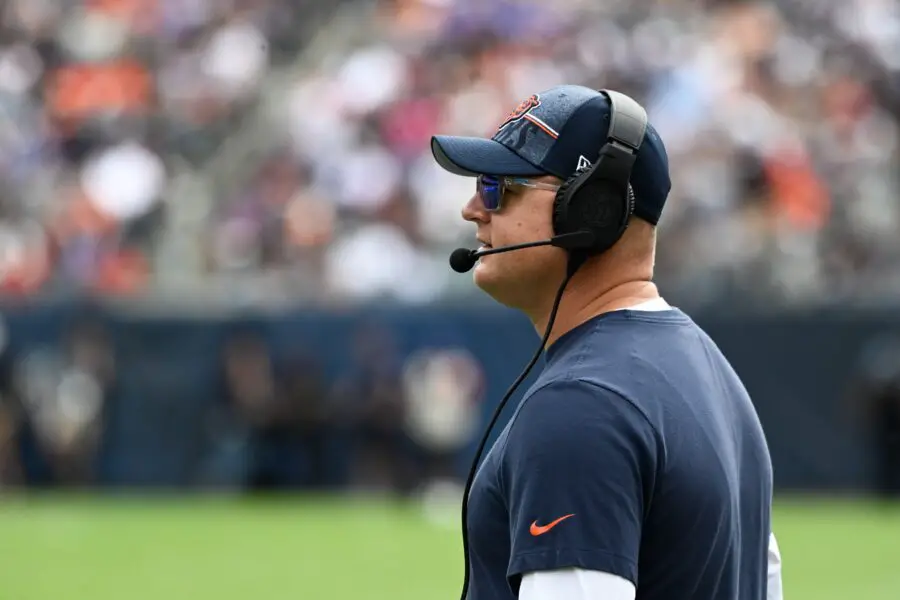 Aug 26, 2023; Chicago, Illinois, USA; Chicago Bears offensive coordinator Luke Getsy looks on during the team s game against the Buffalo Bills at Soldier Field. Mandatory Credit: Matt Marton-USA TODAY Sports (Green Bay Packers)