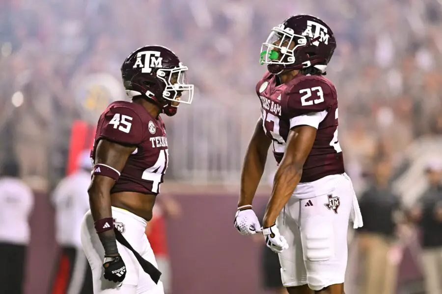 Sep 2, 2023; College Station, Texas, USA; Texas A&amp;M Aggies linebacker Chantz Johnson (23) and linebacker Edgerrin Cooper (45) react to a play during the third quarter against New Mexico Lobos at Kyle Field. Mandatory Credit: Maria Lysaker-USA TODAY Sports (Green Bay Packers)