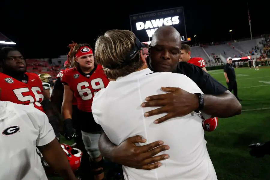 Georgia coach Kirby Smart hugs UAB offensive line coach Eddie Gordon who is a former staffer with Georgia football after a NCAA college football game against UAB in Athens, Ga., on Saturday, Sept. 23, 2023. Georgia won 49-21. © Joshua L. Jones / USA TODAY NETWORK (Green Bay Packers)