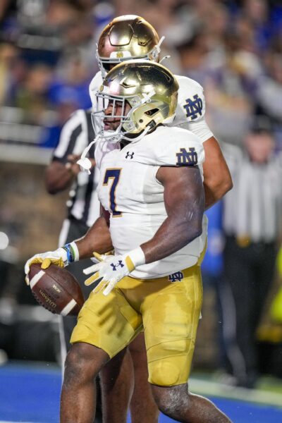 Sep 30, 2023; Durham, North Carolina, USA; Notre Dame Fighting Irish running back Audric Estime (7) runs for a score against the Duke Blue Devils during the first quarter at Wallace Wade Stadium. Mandatory Credit: Jim Dedmon-USA TODAY Sports (Green Bay Packers)