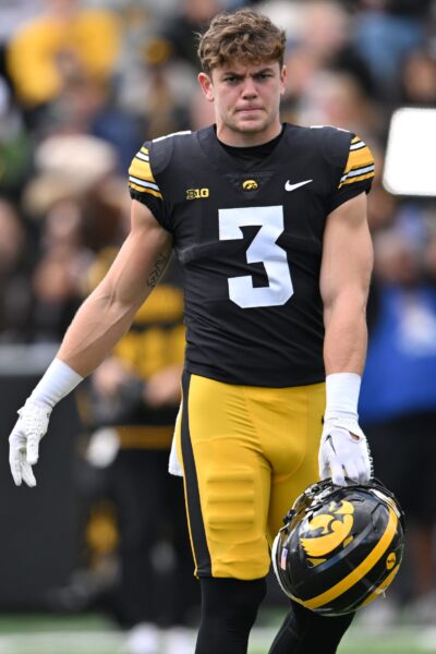 Oct 7, 2023; Iowa City, Iowa, USA; Iowa Hawkeyes defensive back Cooper DeJean (3) look on before the game against the Purdue Boilermakers at Kinnick Stadium. Mandatory Credit: Jeffrey Becker-USA TODAY Sports. (Green Bay Packers)