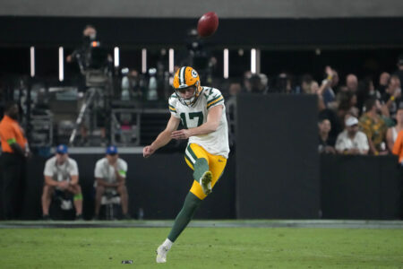 Oct 9, 2023; Paradise, Nevada, USA; Green Bay Packers place kicker Anders Carlson (17) kicks the ball against the Las Vegas Raiders in the first half at Allegiant Stadium. Mandatory Credit: Kirby Lee-USA TODAY Sports