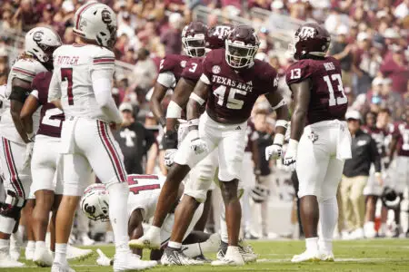 Oct 28, 2023; College Station, Texas, USA; Texas A&M Aggies linebacker Edgerrin Cooper (45) celebrates a tackle against the South Carolina Gamecocks during the second quarter at Kyle Field. Mandatory Credit: Dustin Safranek-USA TODAY Sports