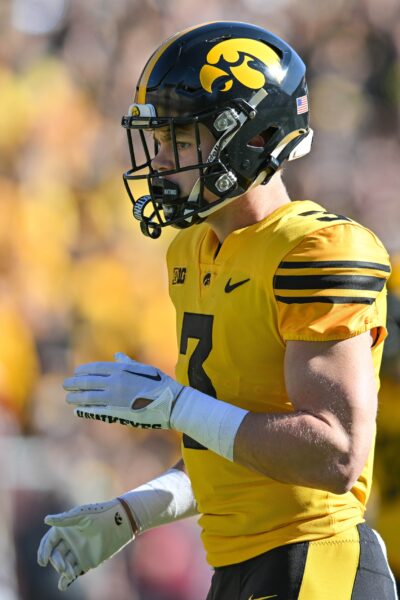 Oct 21, 2023; Iowa City, Iowa, USA; Iowa Hawkeyes defensive back Cooper DeJean (3) looks on during the game against the Minnesota Golden Gophers at Kinnick Stadium. Mandatory Credit: Jeffrey Becker-USA TODAY Sports