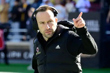 Nov 11, 2023; Chestnut Hill, Massachusetts, USA; Boston College Eagles head coach Jeff Hafley acknowledges the fans during the first half against the Virginia Tech Hokies at Alumni Stadium. Mandatory Credit: Eric Canha-USA TODAY Sports (Green Bay Packers)