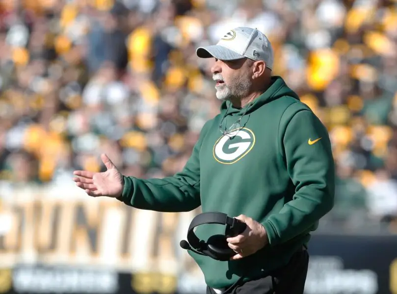 Nov 12, 2023; Pittsburgh, Pennsylvania, USA; Green Bay Packers linebackers coach Kirk Olivadotti reacts on the sidelines against the Pittsburgh Steelers during the second quarter at Acrisure Stadium. Mandatory Credit: Charles LeClaire-USA TODAY Sports