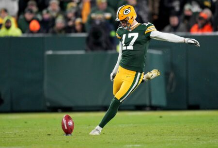 Green Bay Packers place kicker Anders Carlson (17) kicks off during the first quarter of their game against the Kansas City Chiefs Sunday, December 3, 2023 at Lambeau Field in Green Bay, Wisconsin. © Mark Hoffman/Milwaukee Journal Sentinel / USA TODAY NETWORK