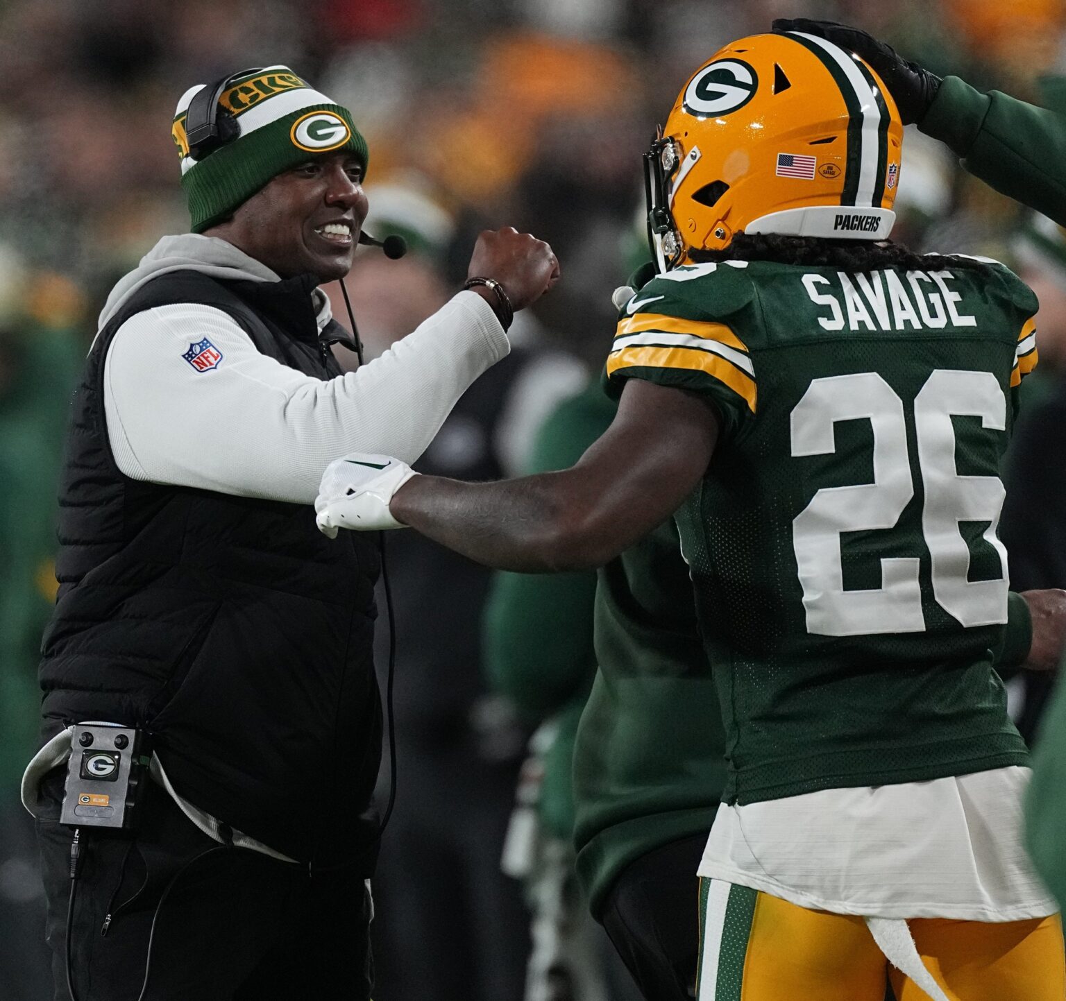 Green Bay Packers passing game coordinator (defense) Greg Williams talks with safety Darnell Savage (26) during the second quarter of their game against the Kansas City Chiefs Sunday, December 3, 2023 at Lambeau Field in Green Bay, Wisconsin. © Mark Hoffman/Milwaukee Journal Sentinel / USA TODAY NETWORK