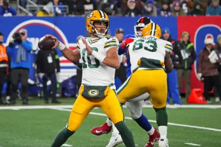 Dec 11, 2023; East Rutherford, New Jersey, USA; Green Bay Packers quarterback Jordan Love (10) throws a pass during the second quarter against the New York Giants at MetLife Stadium. Mandatory Credit: Robert Deutsch-USA TODAY Sports