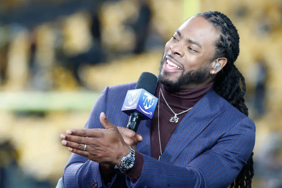 Dec 7, 2023; Pittsburgh, Pennsylvania, USA; Amazon Prime Video Thursday Night Football analyst Richard Sherman performs the pre-game broadcast before the Pittsburgh Steelers host the New England Patriots at Acrisure Stadium. Mandatory Credit: Charles LeClaire-USA TODAY Sports (Green Bay Packers)