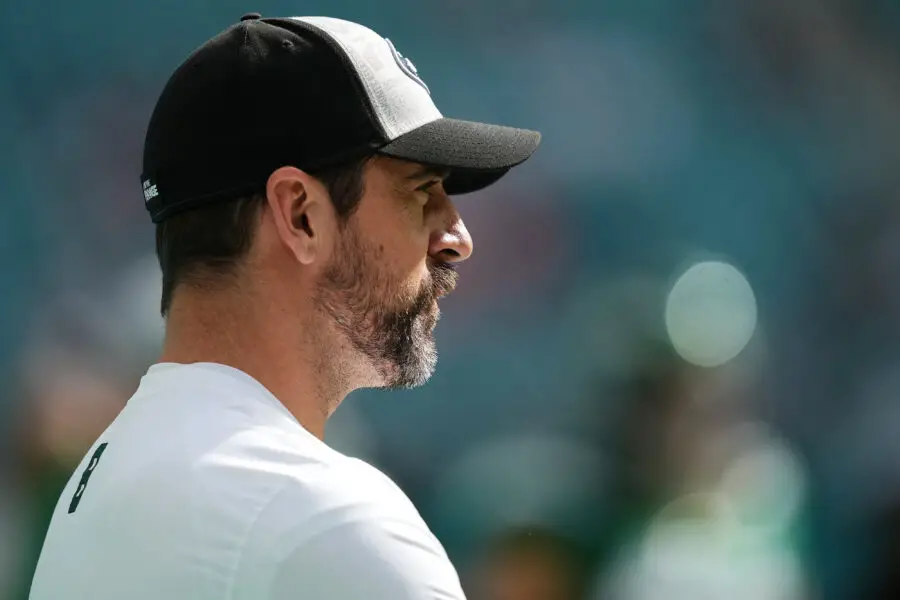 Dec 17, 2023; Miami Gardens, Florida, USA; New York Jets quarterback Aaron Rodgers stands on the field prior to the game against the Miami Dolphins Hard Rock Stadium. Mandatory Credit: Jasen Vinlove-USA TODAY Sports (Green Bay Packers)