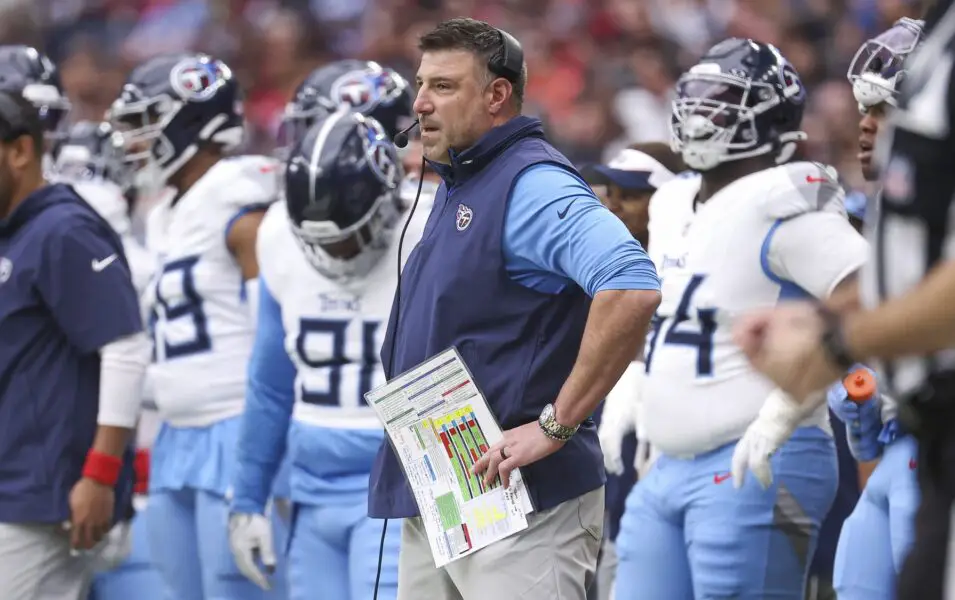 Dec 31, 2023; Houston, Texas, USA; Tennessee Titans head coach Mike Vrabel reacts during the first half against the Houston Texans at NRG Stadium. Mandatory Credit: Troy Taormina-USA TODAY Sports (Wisconsin Badgers)