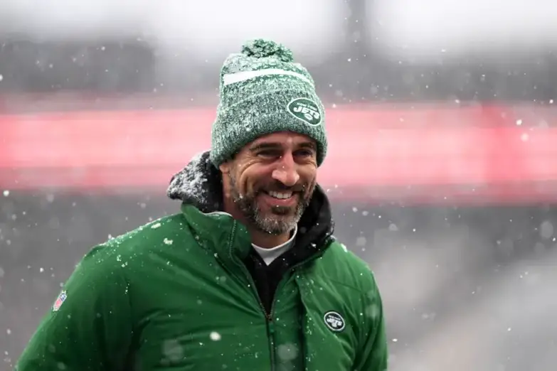 Jan 7, 2024; Foxborough, Massachusetts, USA; New York Jets quarterback Aaron Rodgers (8) walks off of the field before a game against the New England Patriots at Gillette Stadium. Mandatory Credit: Brian Fluharty-USA TODAY Sports (Green Bay Packers)