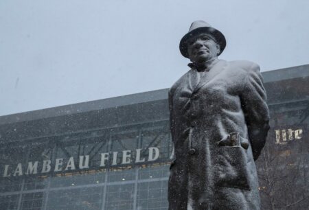 Snow is seen accumulating on the statue of Vince Lombardi on Tuesday, January 9, 2024, at Lambeau Field in Green Bay, Wis. Approximately 5-9 inches of snow is expected to fall in the area through Tuesday night. Tork Mason/USA TODAY NETWORK-Wisconsin
