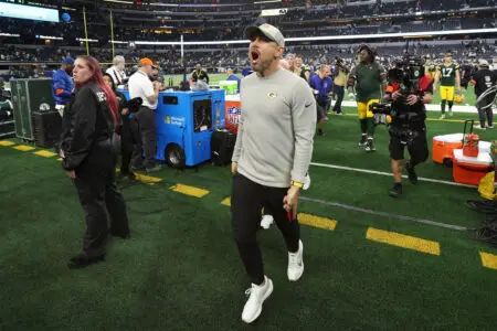 Jan 14, 2024; Arlington, Texas, USA; Green Bay head coach Matt LaFleur reacts after the game for the 2024 NFC wild card game at AT&T Stadium. Mandatory Credit: Tim Heitman-USA TODAY Sports