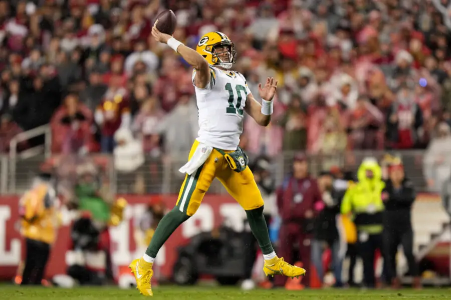 January 20, 2024; Santa Clara, CA, USA; Green Bay Packers quarterback Jordan Love (10) throws a pass against the San Francisco 49ers during the second quarter in a 2024 NFC divisional round game at Levi's Stadium. Mandatory Credit: Kyle Terada-USA TODAY Sports
