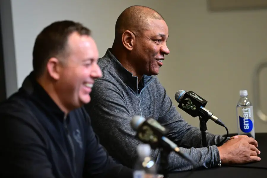 Jan 27, 2024; Milwaukee, WI, USA; Doc Rivers speaks at a press conference with general manager Jon Horst as Rivers is introduced as the new head coach of the Milwaukee Bucks at the Fiserv Forum. Mandatory Credit: Benny Sieu-USA TODAY Sports