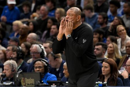 Feb 3, 2024; Dallas, Texas, USA; Milwaukee Bucks head coach Doc Rivers yells to his team during the second quarter against the Dallas Mavericks at the American Airlines Center. Mandatory Credit: Jerome Miron-USA TODAY Sports
