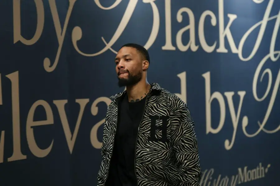 Feb 4, 2024; Salt Lake City, Utah, USA; Milwaukee Bucks guard Damian Lillard (0) arrives at the Delta Center before the game against the Utah Jazz. Mandatory Credit: Chris Nicoll-USA TODAY Sports