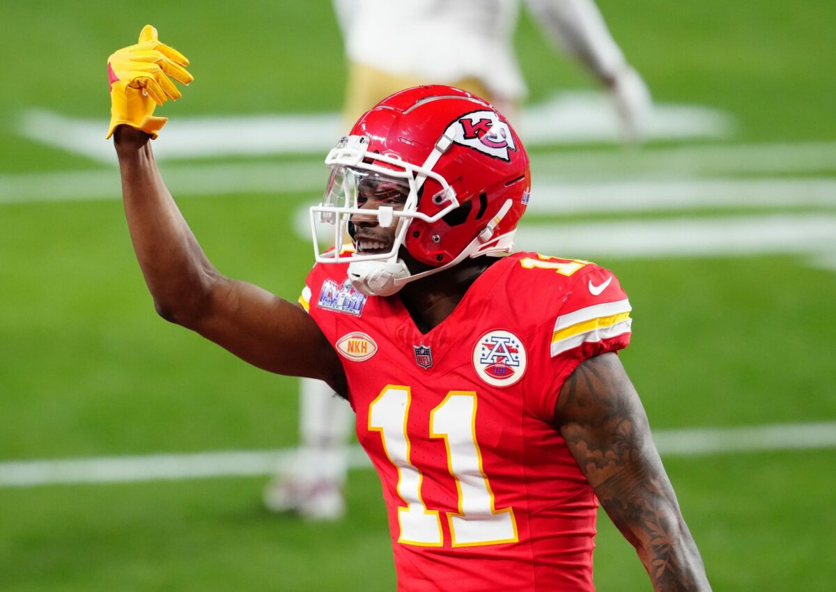 Feb 11, 2024; Paradise, Nevada, USA; Kansas City Chiefs wide receiver Marquez Valdes-Scantling (11) celebrates a touchdown catch against the San Francisco 49ers in the second half in Super Bowl LVIII at Allegiant Stadium. Mandatory Credit: Stephen R. Sylvanie-USA TODAY Sports (Green Bay Packers)