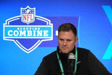 Feb 27, 2024; Indianapolis, IN, USA; Green Bay Packers general manager Brian Gutekunst during the NFL Scouting Combine at Indiana Convention Center. Mandatory Credit: Kirby Lee-USA TODAY Sports