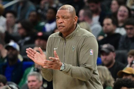 Feb 27, 2024; Milwaukee, Wisconsin, USA; Milwaukee Bucks head coach Doc Rivers calls a play in the second quarter against the Charlotte Hornets at Fiserv Forum. Mandatory Credit: Benny Sieu-USA TODAY Sports