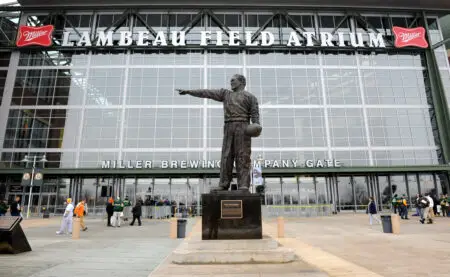 Jan 12, Green Bay, WI; USA; General view of Curly Lambeau statue at the entrance to the Lambeau Field Atrium before Green Bay Packers NFC Divisional playoff game against the Seattle Seahawks. Mandatory Credit: Kirby Lee/Image of Sport-USA TODAY Sports