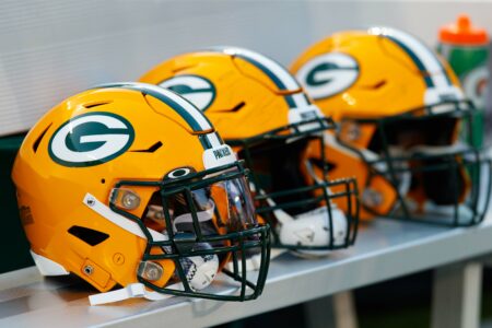 Aug 8, 2019; Green Bay, WI, USA; Green Bay Packers helmets sit on the sidelines during the game against the Houston Texans at Lambeau Field. Mandatory Credit: Jeff Hanisch-USA TODAY Sports