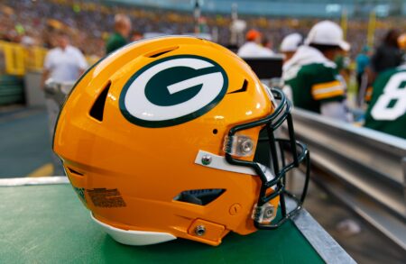 Aug 8, 2019; Green Bay, WI, USA; A Green Bay Packers helmet sits on the sidelines during the game against the Houston Texans at Lambeau Field. Mandatory Credit: Jeff Hanisch-USA TODAY Sports