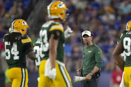 Aug 15, 2019; Baltimore, MD, USA; Green Bay Packers head coach Matt LaFleur looks to his players during the first half against the Baltimore Ravens at M&T Bank Stadium. Mandatory Credit: Tommy Gilligan-USA TODAY Sports