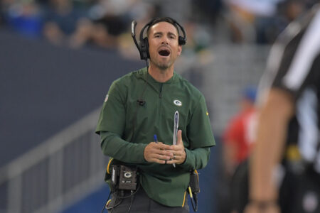 Aug 22, 2019; Winnipeg, Manitoba, CAN; Green Bay Packers head coach Matt LaFleur reacts during the second half against the Oakland Raiders at Investors Group Field. Mandatory Credit: Kirby Lee-USA TODAY Sports