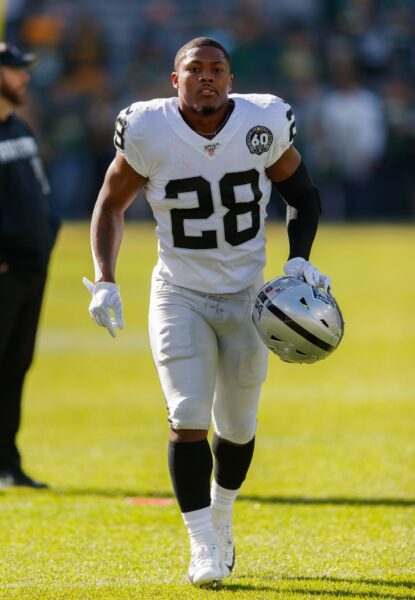 Oct 20, 2019; Green Bay, WI, USA; Oakland Raiders running back Josh Jacobs (28) during warmups prior to the game against the Green Bay Packers at Lambeau Field. Mandatory Credit: Jeff Hanisch-USA TODAY Sports