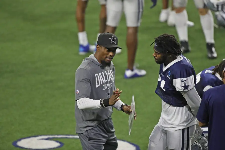 Aug 24, 2020; Frisco, TX, USA; Dallas Cowboys player Trevon Diggs (right) talks with Al Harris (left) during training camp at Ford Center at The Star in Frisco, Texas. Mandatory Credit: James D. Smith via USA TODAY Sports