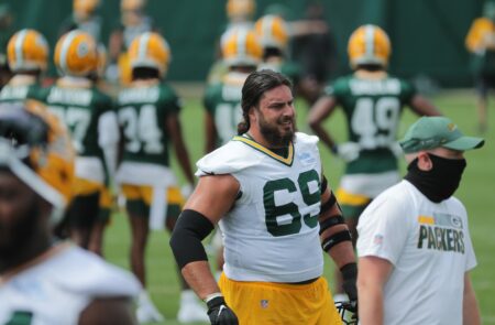 Green Bay Packers offensive tackle David Bakhtiari (69) is shown Saturday, Aug. 15, 2020, during the team's first practice at training camp in Green Bay, Wis.© Mark Hoffman/Milwaukee Journal S via Imagn Content Services, LLC