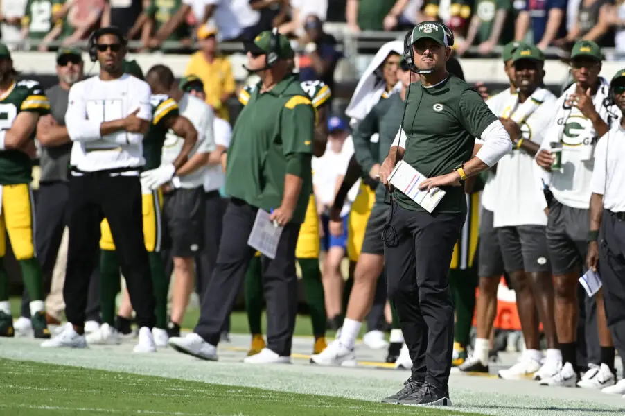 Sep 12, 2021; Jacksonville, Florida, USA; Green Bay Packers head coach Matt LaFleur during the first half against the New Orleans Saints at TIAA Bank Field. Mandatory Credit: Tommy Gilligan-USA TODAY Sports