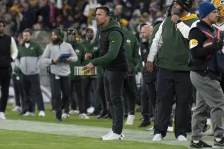 Dec 19, 2021; Baltimore, Maryland, USA; Green Bay Packers head coach Matt LaFleur reacts during the first quarter against the Baltimore Ravens at M&T Bank Stadium. Mandatory Credit: Tommy Gilligan-USA TODAY Sports