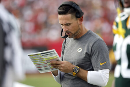 Sep 25, 2022; Tampa, Florida, USA; Green Bay Packers head coach Matt LaFleur against the Tampa Bay Buccaneers during the second half at Raymond James Stadium. Mandatory Credit: Kim Klement-USA TODAY Sports