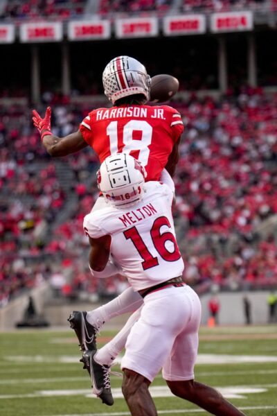 Oct 1, 2022; Columbus, Ohio, USA; Ohio State Buckeyes wide receiver Marvin Harrison Jr. (18) is defended by Rutgers Scarlet Knights defensive back Max Melton (16) during the third quarter of the NCAA Division I football game between the Ohio State Buckeyes and the Rutgers Scarlet Knights at Ohio Stadium. Mandatory Credit: Joseph Scheller-The Columbus DispatchNcaa Football Rutgers Scarlet Knights At Ohio State Buckeyes © Joseph Scheller/Columbus Dispatch / USA TODAY NETWORK (Green Bay Packers)