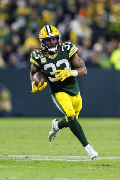 Nov 13, 2022; Green Bay, Wisconsin, USA; Green Bay Packers running back Aaron Jones (33) during the game against the Dallas Cowboys at Lambeau Field. Mandatory Credit: Jeff Hanisch-USA TODAY Sports