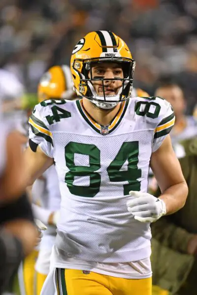 Nov 27, 2022; Philadelphia, Pennsylvania, USA; Green Bay Packers tight end Tyler Davis (84) walks off the field at halftime against the Philadelphia Eagles at Lincoln Financial Field. Mandatory Credit: Eric Hartline-USA TODAY Sports