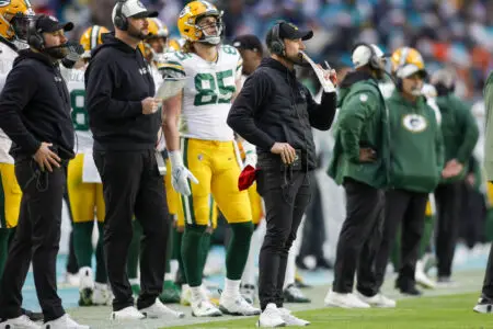 Dec 25, 2022; Miami Gardens, Florida, USA; Green Bay Packers head coach Matt LaFleur looks on from the sideline during the fourth quarter against the Miami Dolphins at Hard Rock Stadium. Mandatory Credit: Sam Navarro-USA TODAY Sports